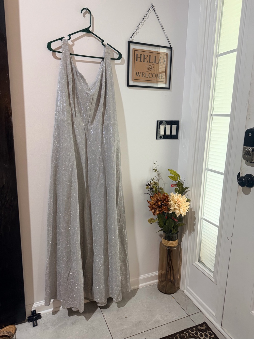 Silver Sparkle holiday Christmas Dress with Draped Neckline